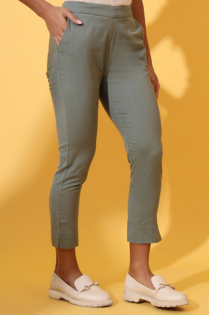 Oil Green Solid Cotton Flax Trouser Pants