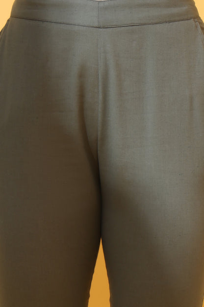 Oil Green Solid Cotton Flax Trouser Pants