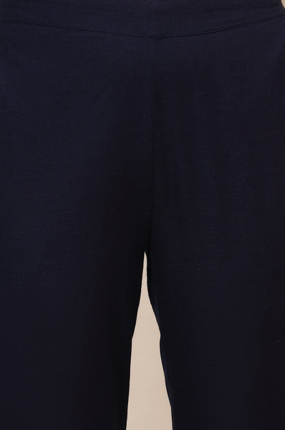 Blue Solid Slim Fit Cotton Trousers With Elasticated Waist