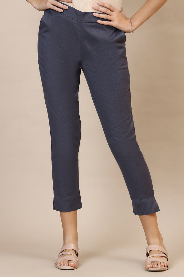 Grey Solid Slim Fit Cotton Trousers With Elasticated Waist