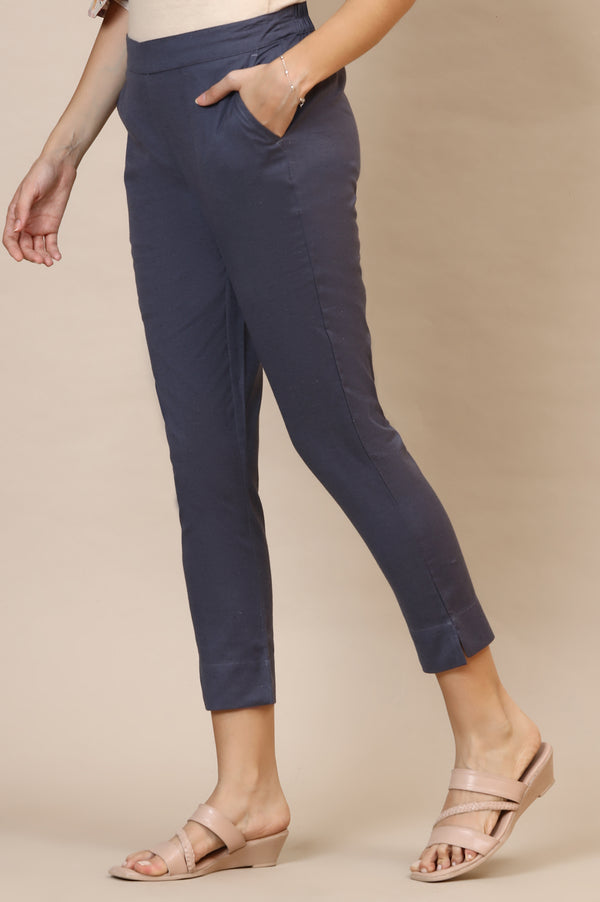 Grey Solid Slim Fit Cotton Trousers With Elasticated Waist