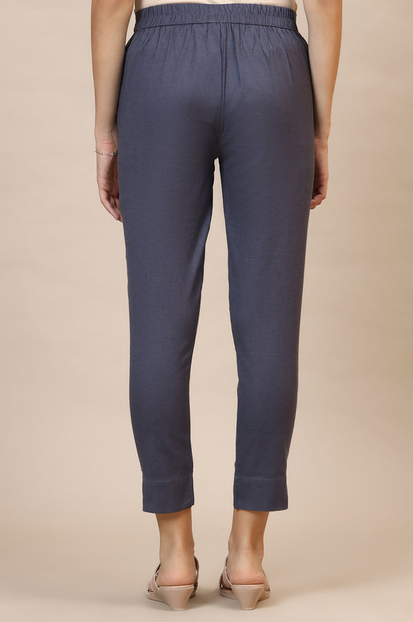 Grey Solid Slim Fit Cotton Trousers With Elasticated Waist