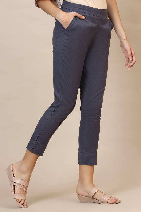Grey Solid Slim Fit Cotton Trousers With Elasticated Waist