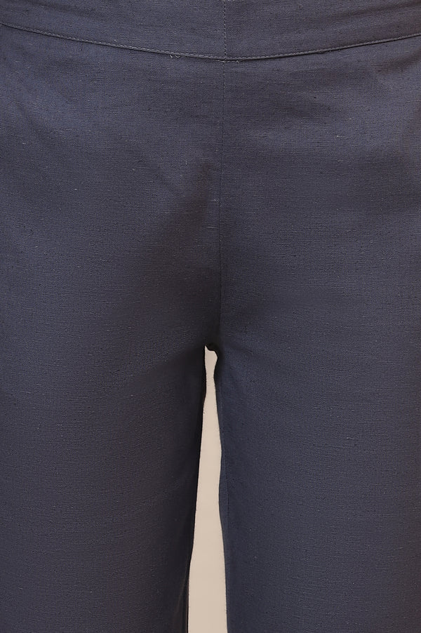 Grey Solid Slim Fit Cotton Trousers With Elasticated Waist