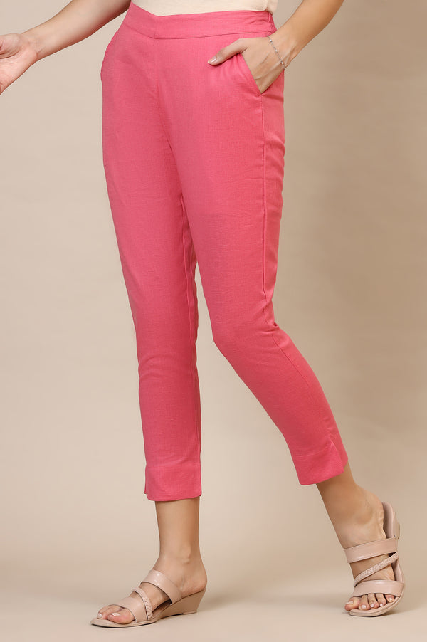 Pink Solid Straight Fit Cotton Trousers With Elasticated Waist
