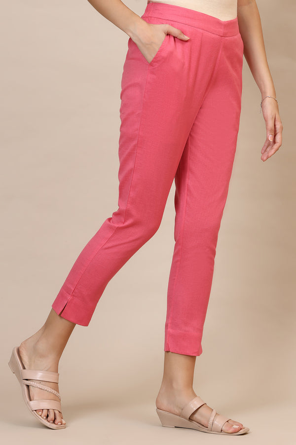 Pink Solid Straight Fit Cotton Trousers With Elasticated Waist