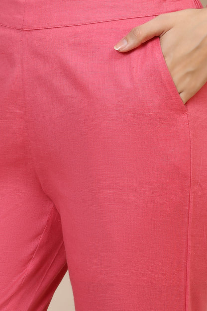 Pink Solid Straight Cotton Flax Trousers