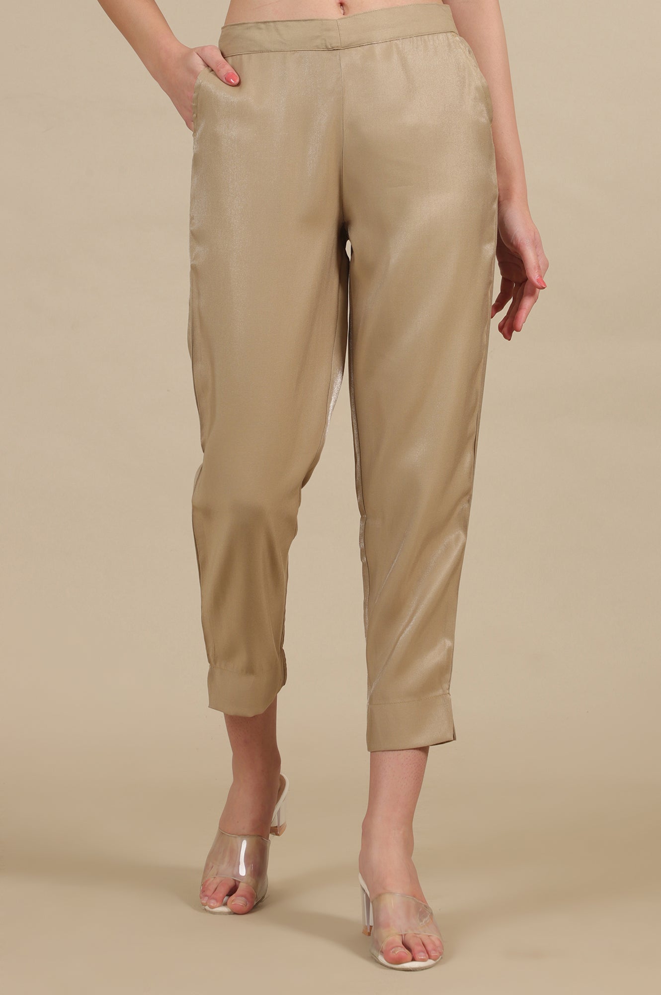 Gold Solid Straight Fit Trousers With Elasticated Waist