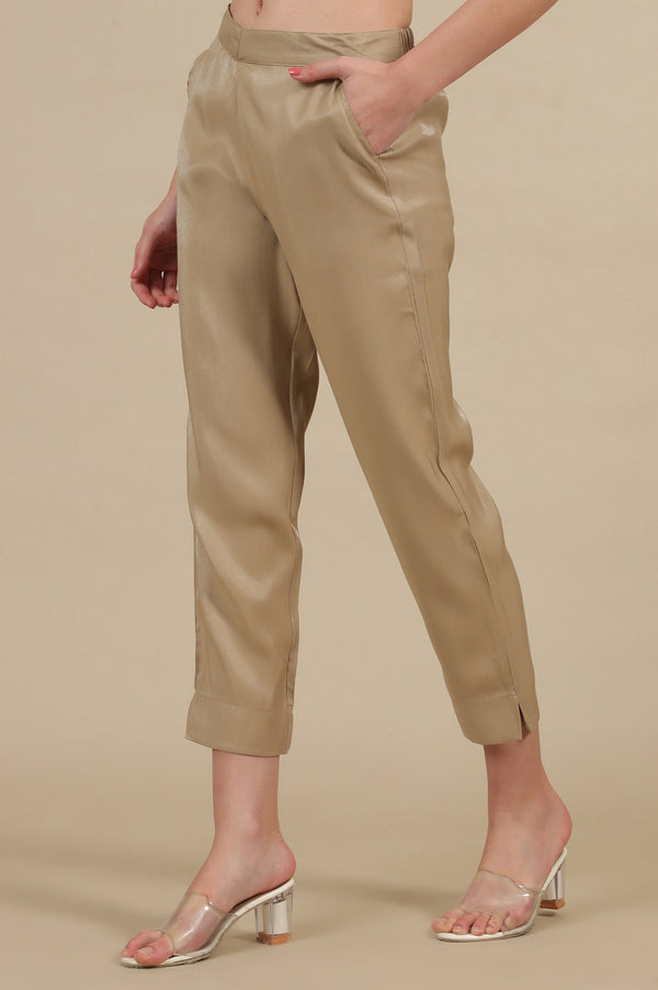 Gold Solid Straight Fit Trousers With Elasticated Waist