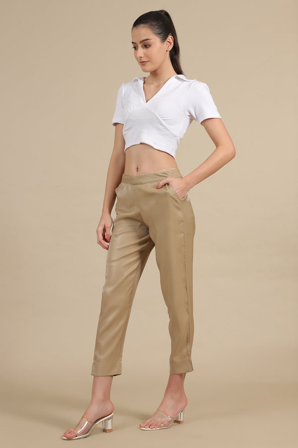 Gold Solid Straight Fit Trousers With Elasticated Waist