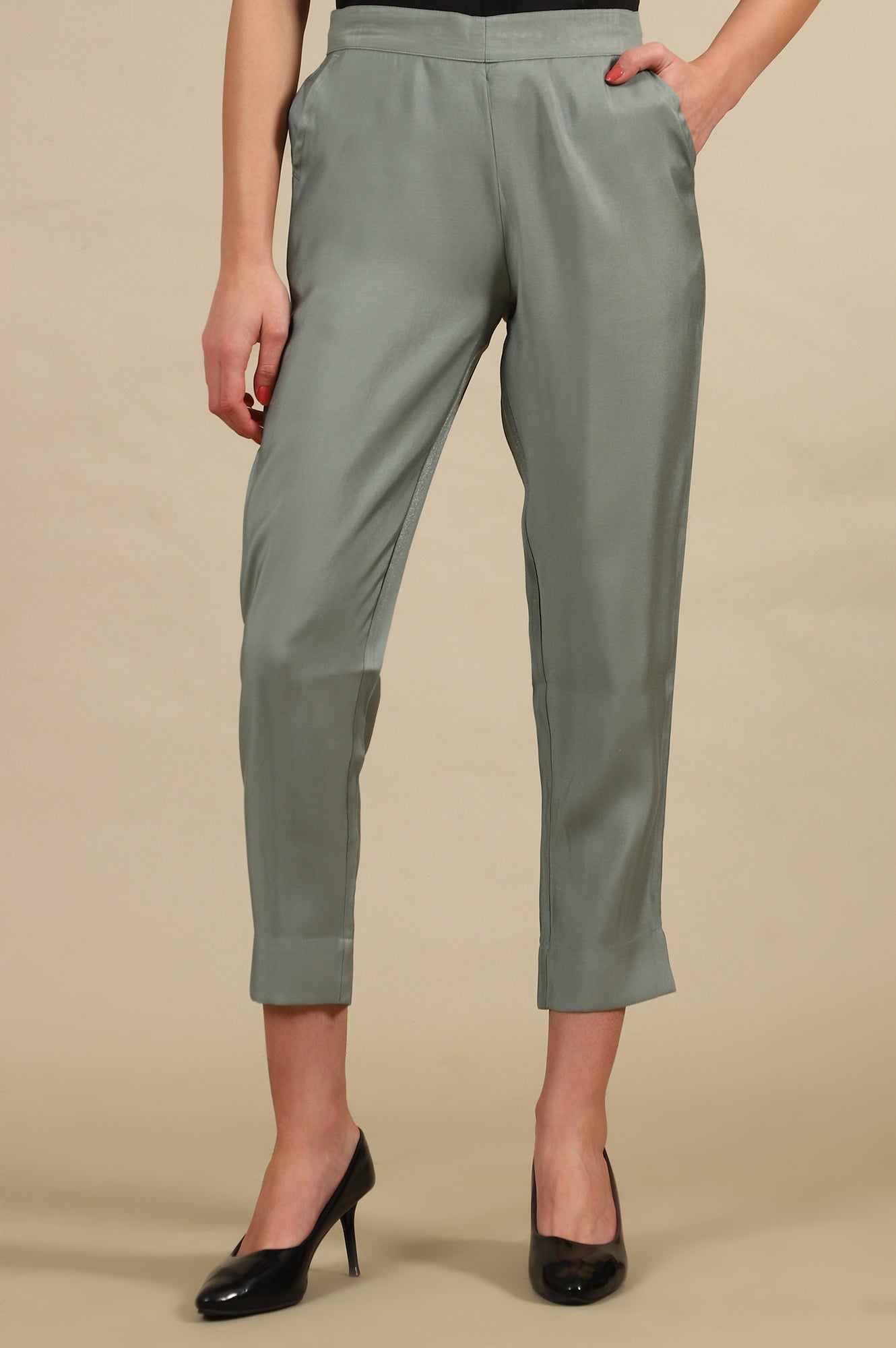 Grey Solid Straight Fit Trousers With Elasticated Waist
