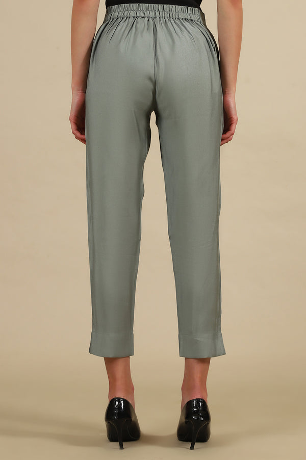 Grey Solid Straight Fit Trousers With Elasticated Waist