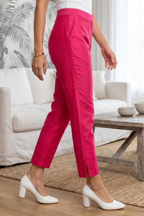 Pink Slim Fit Ankle Length Mid Rise Trousers