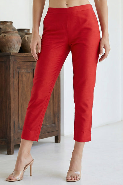 Red Solid Slim Fit Ankle Length Trousers