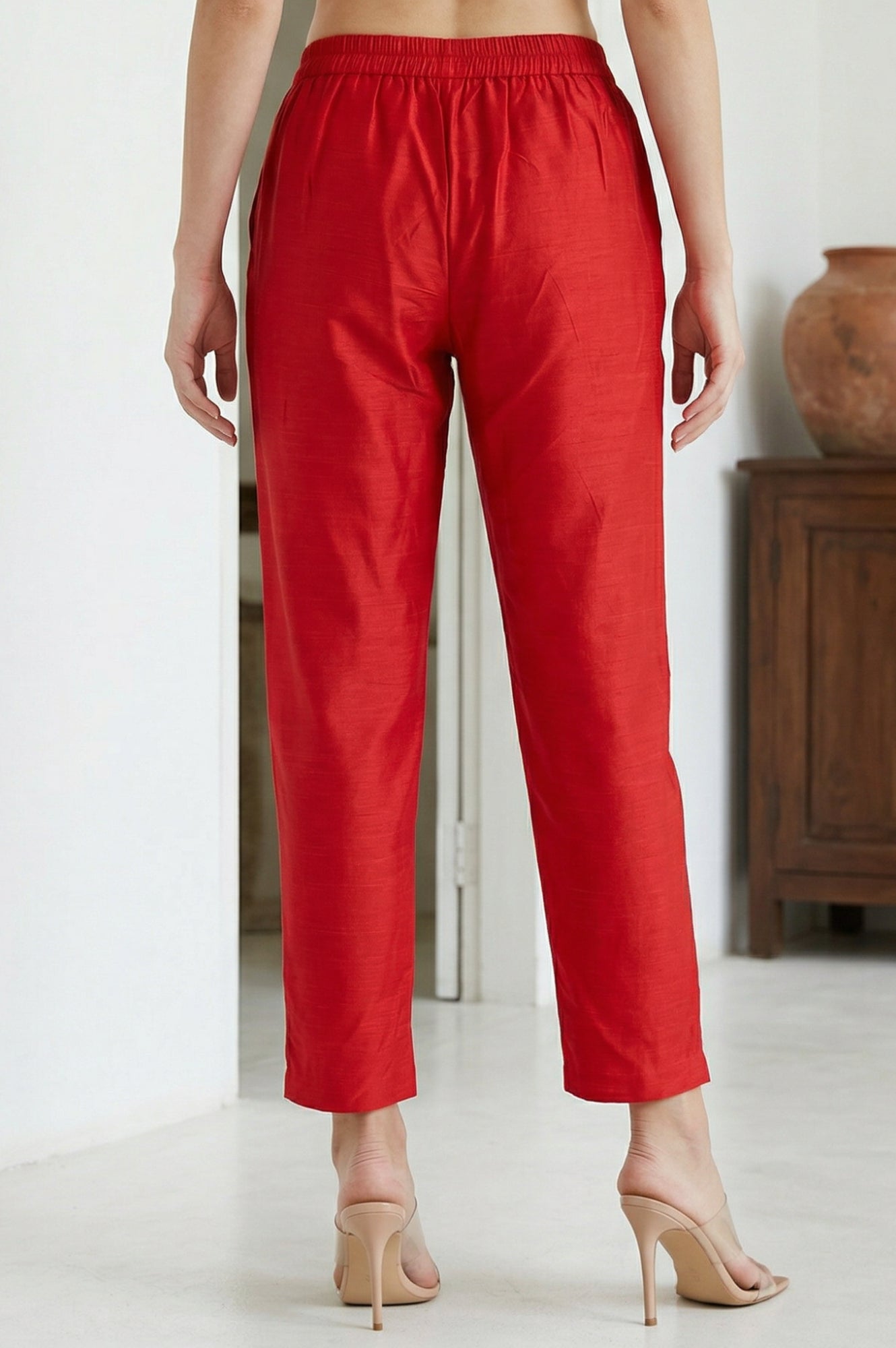 Red Solid Slim Fit Ankle Length Trousers