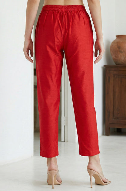 Red Solid Slim Fit Ankle Length Trousers