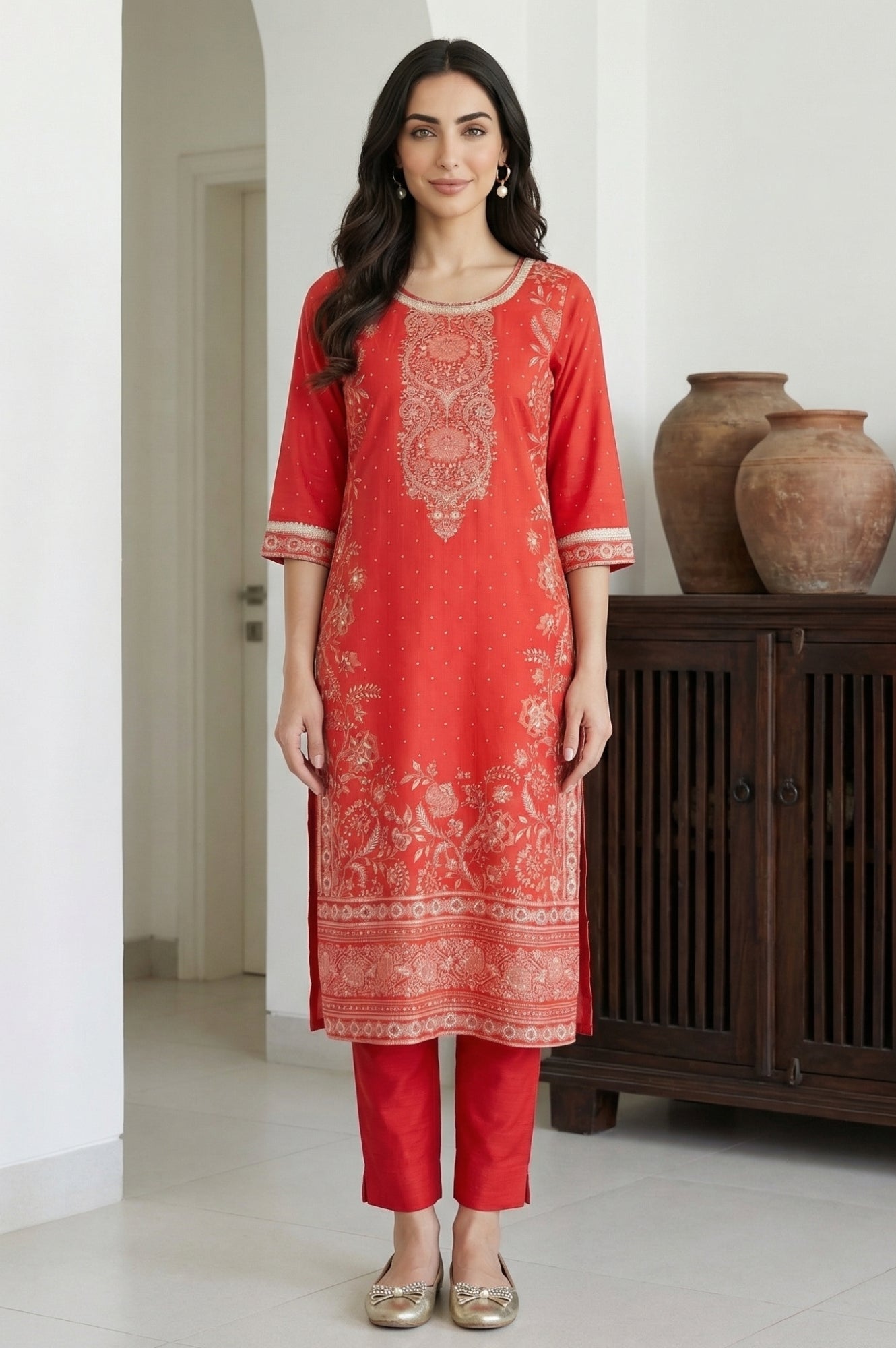 Red Solid Slim Fit Ankle Length Trousers