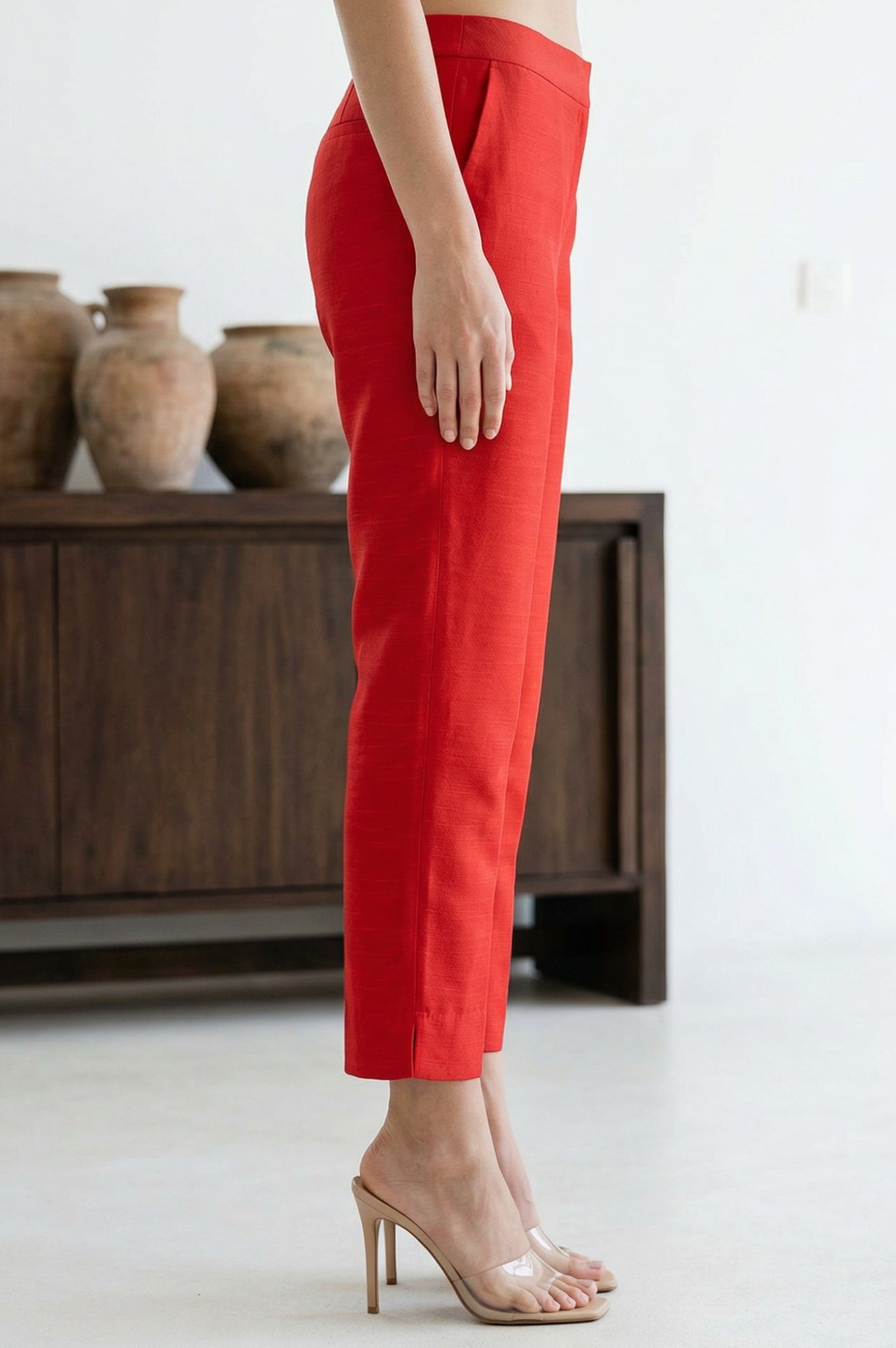 Red Solid Slim Fit Ankle Length Trousers