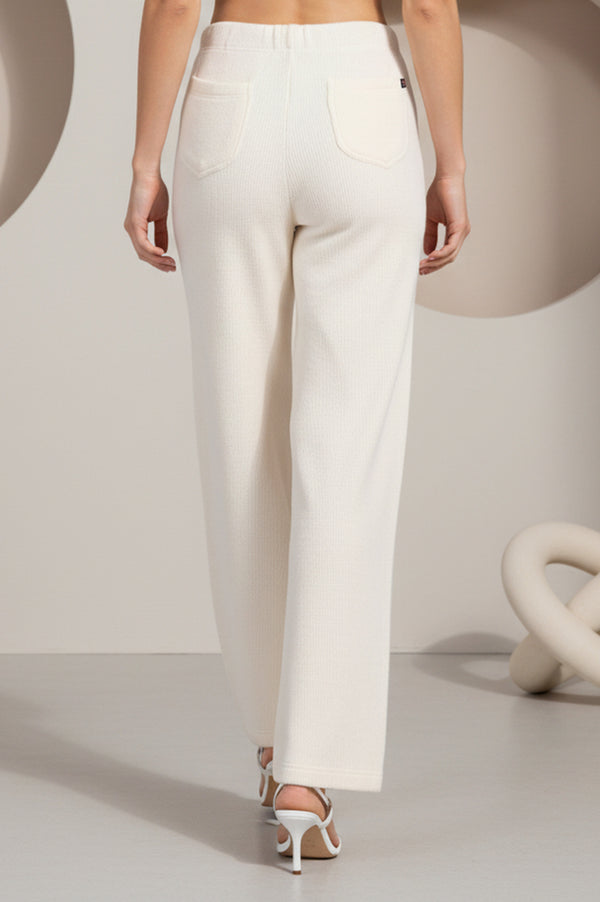Off White Solid Acrylic Wide Leg High Rise Palazzo