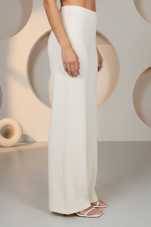 Off White Solid Acrylic Wide Leg High Rise Palazzo