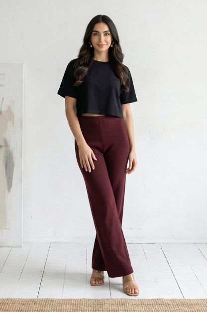 Maroon Solid Acrylic Blend Straight Fit Ankle Length Palazzo