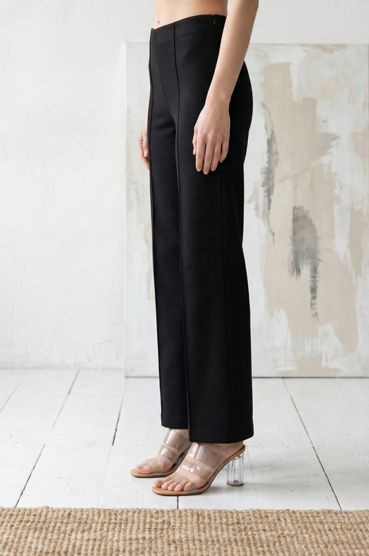 Black Solid Pintucks Wide Leg Trousers