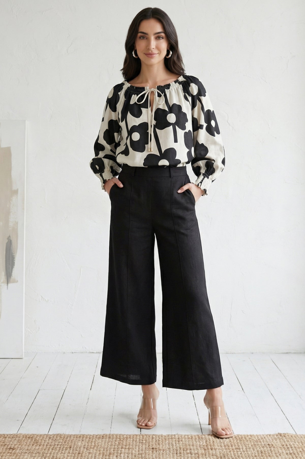Black Solid Pintucks Wide Leg Trousers