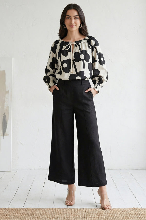 Black Solid Pintucks Wide Leg Trousers