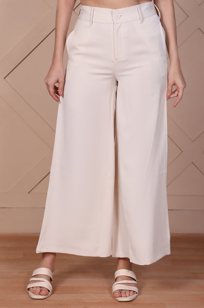 Off-White Solid High Rise Ankle Length Wide Leg Boss Pants