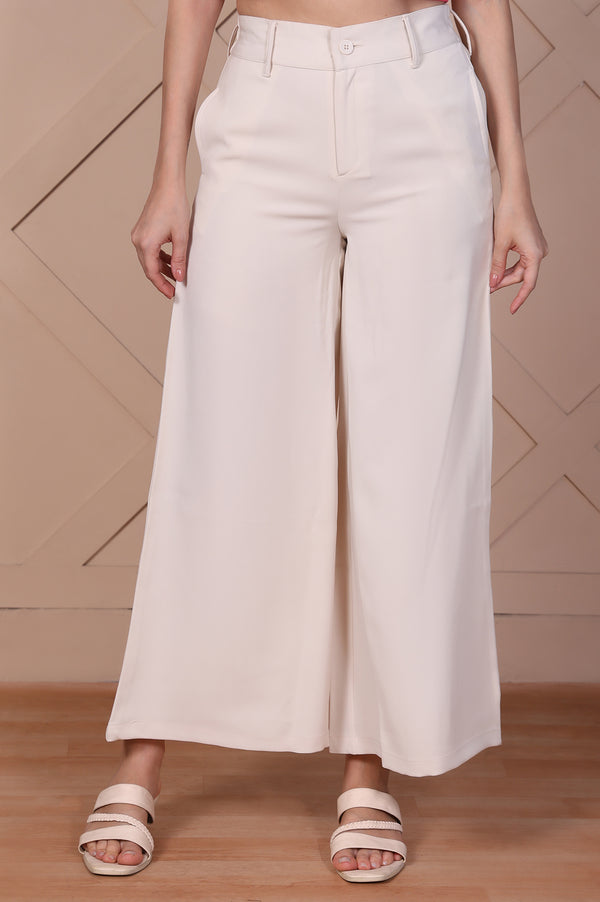 Off-White Solid High Rise Ankle Length Wide Leg Boss Pants