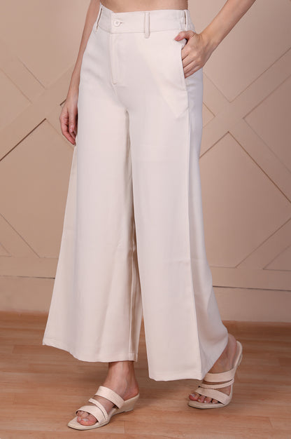 Off-White Solid High Rise Ankle Length Wide Leg Boss Pants