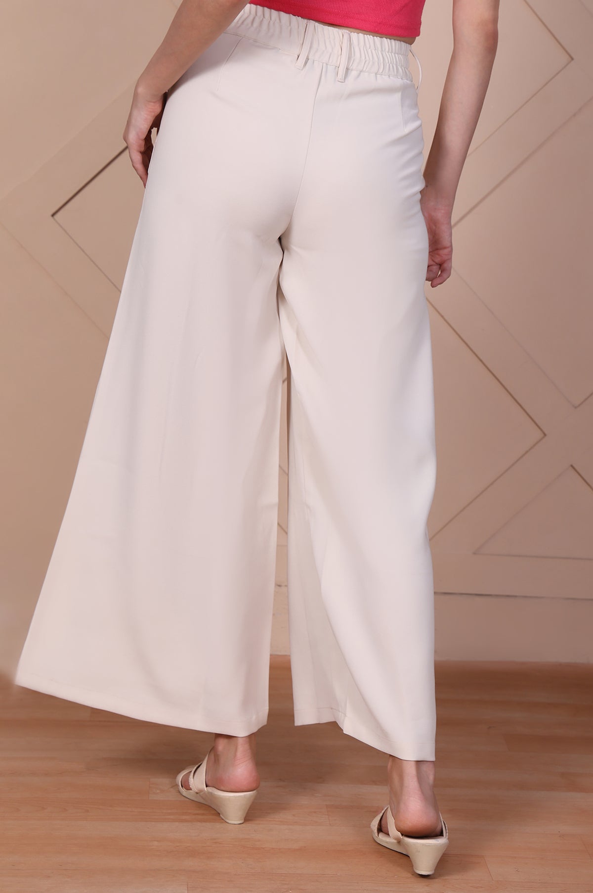 Off-White Solid High Rise Ankle Length Wide Leg Boss Pants