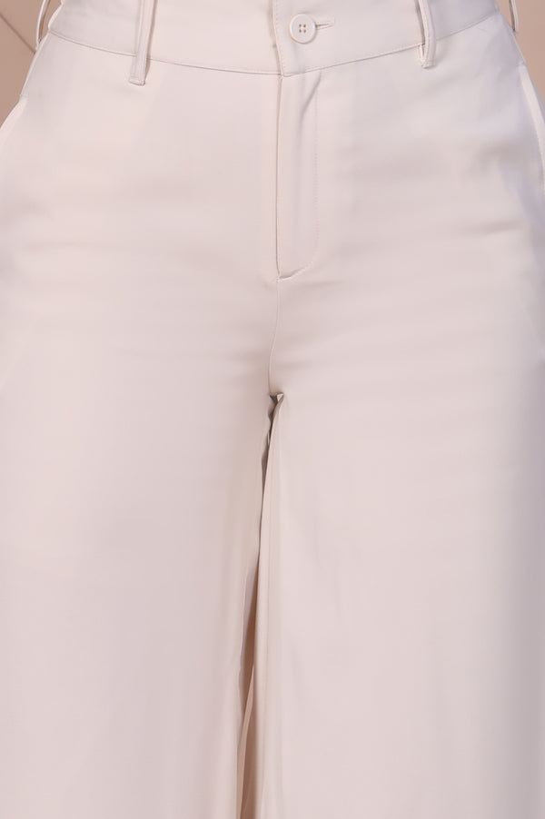 Off-White Solid High Rise Ankle Length Wide Leg Boss Pants