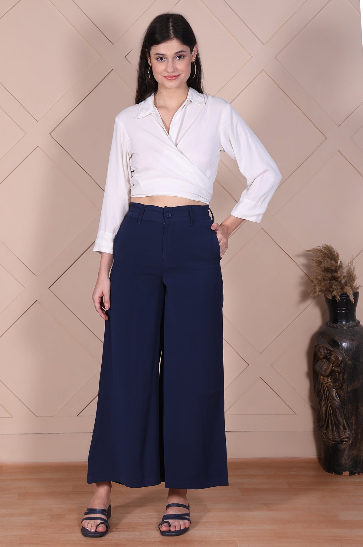 Navy Solid High Rise Ankle Length Wide Leg Boss Pants