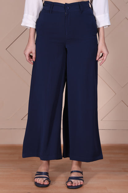 Navy Solid High Rise Ankle Length Wide Leg Boss Pants