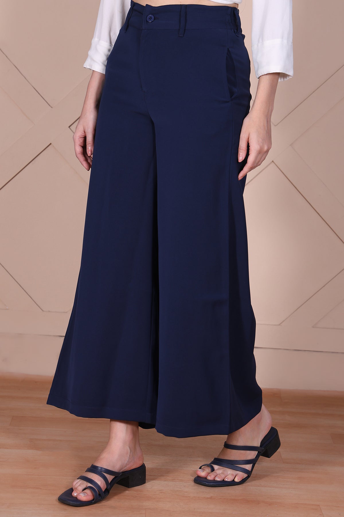 Navy Solid High Rise Ankle Length Wide Leg Boss Pants
