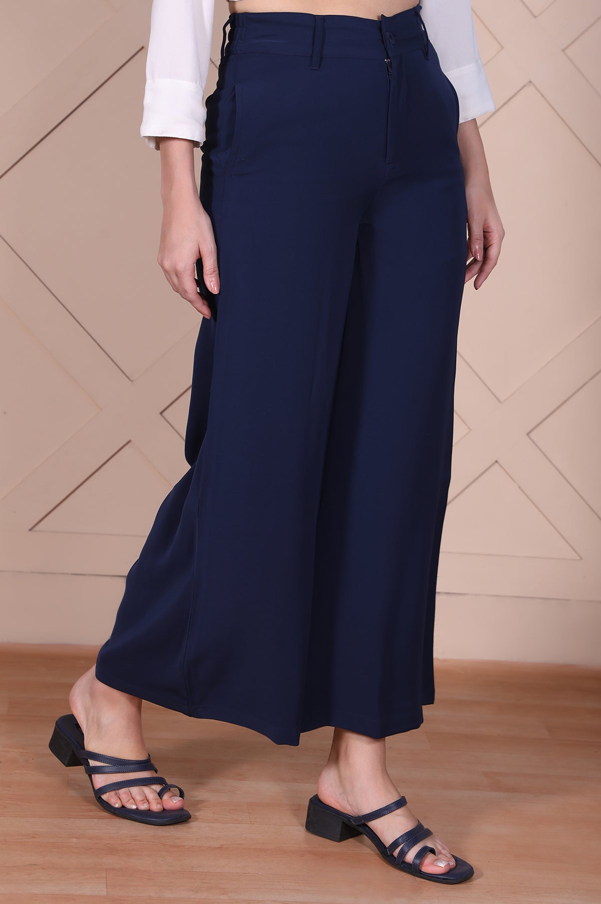 Navy Solid High Rise Ankle Length Wide Leg Boss Pants