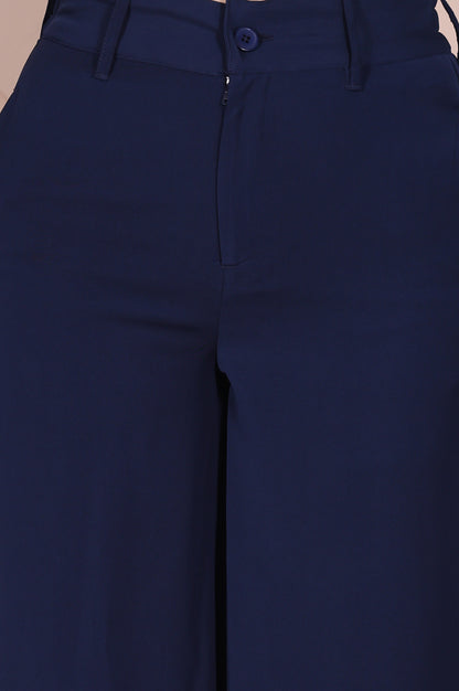 Navy Solid High Rise Ankle Length Wide Leg Boss Pants