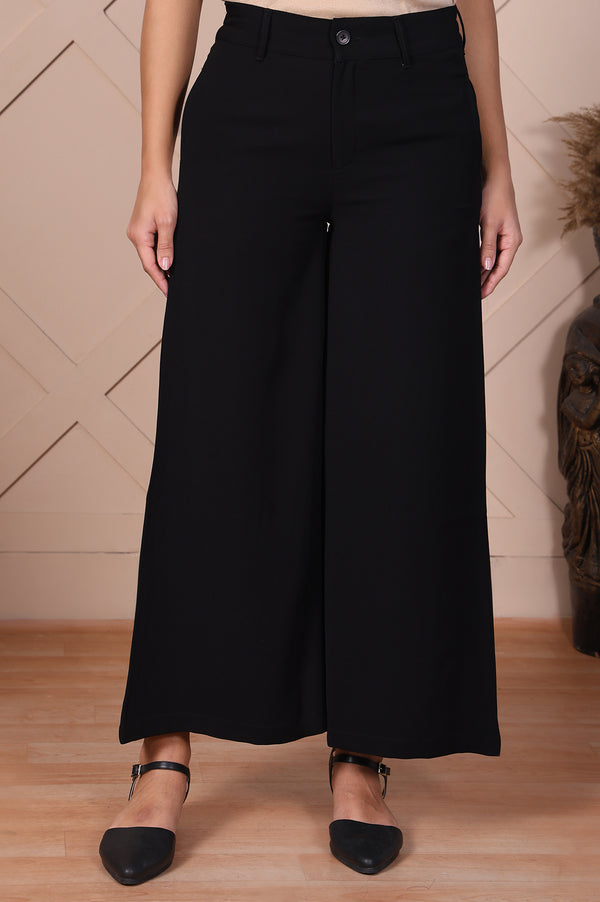 Black Solid High Rise Ankle Length Wide Leg Boss Pants