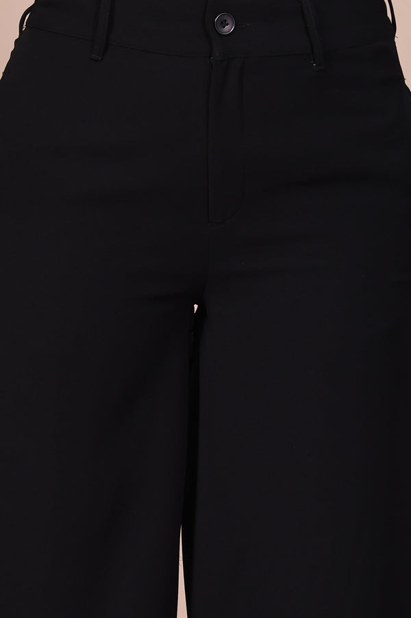 Black Solid High Rise Ankle Length Wide Leg Boss Pants