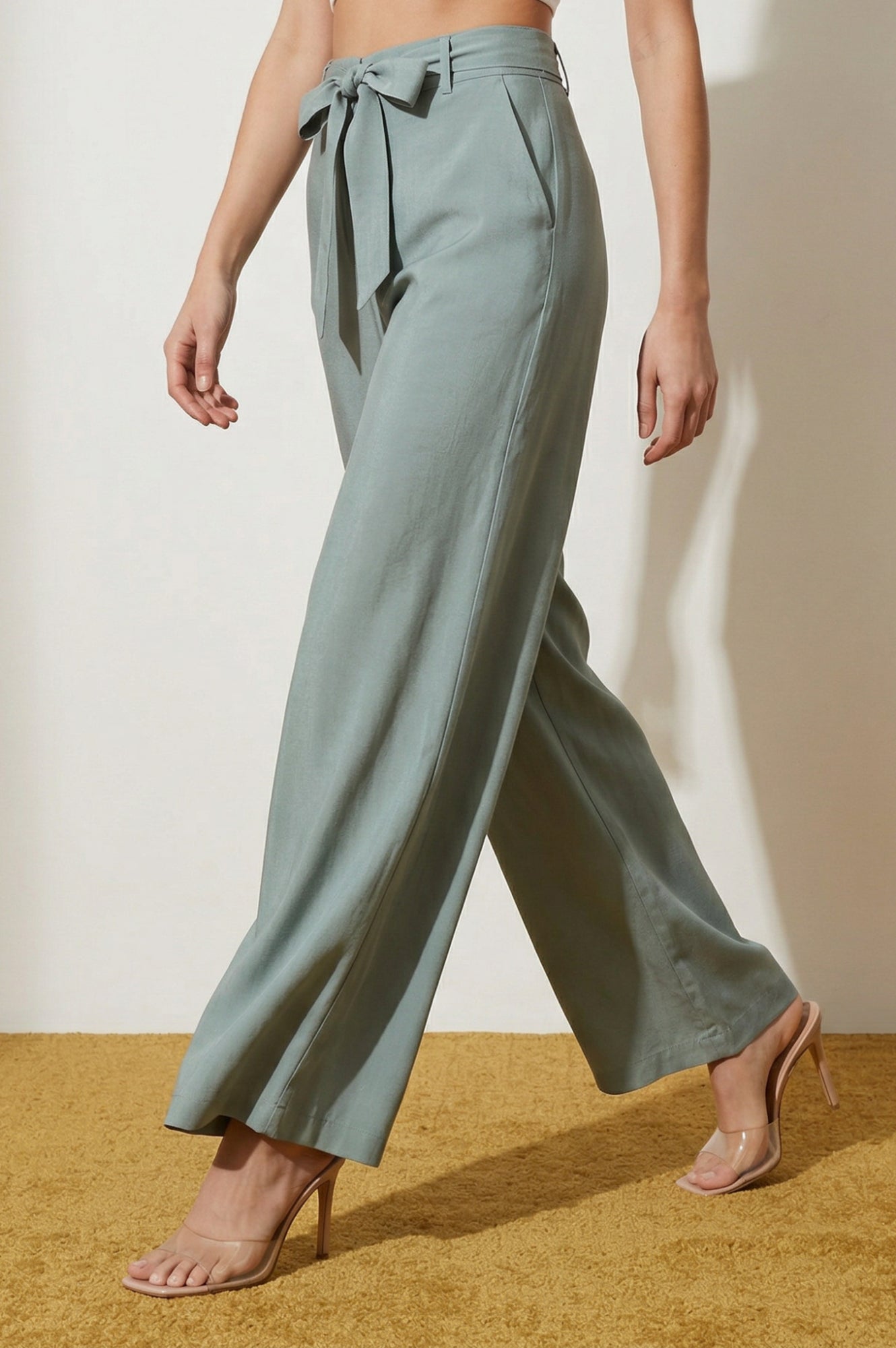 Slate Grey Yarn Dyed Solid Rayon Wide Leg High Rise Trousers