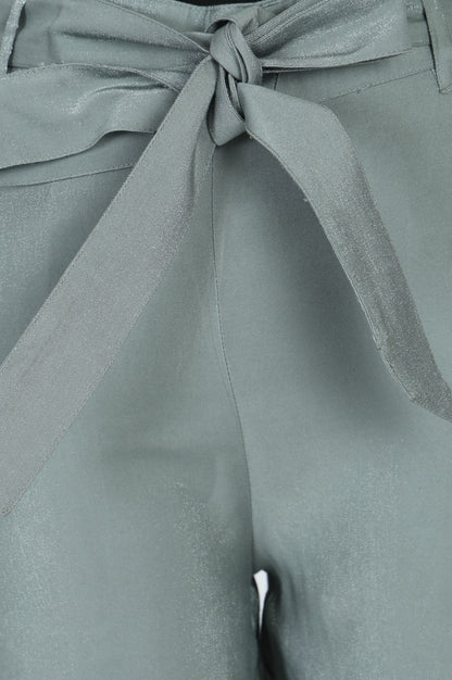 Slate Grey Yarn Dyed Solid Rayon Wide Leg High Rise Trousers
