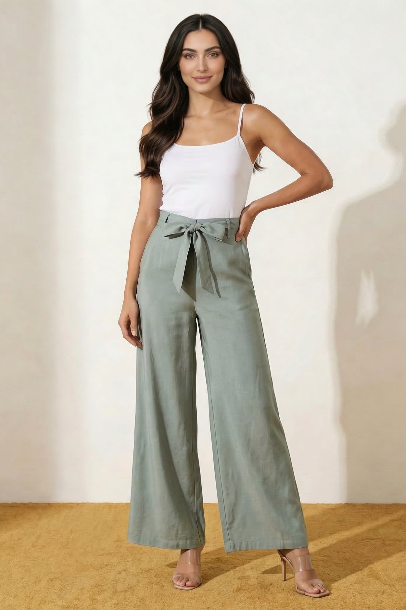 Slate Grey Yarn Dyed Solid Rayon Wide Leg High Rise Trousers