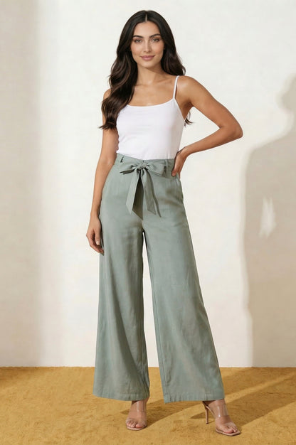 Slate Grey Yarn Dyed Solid Rayon Wide Leg High Rise Trousers