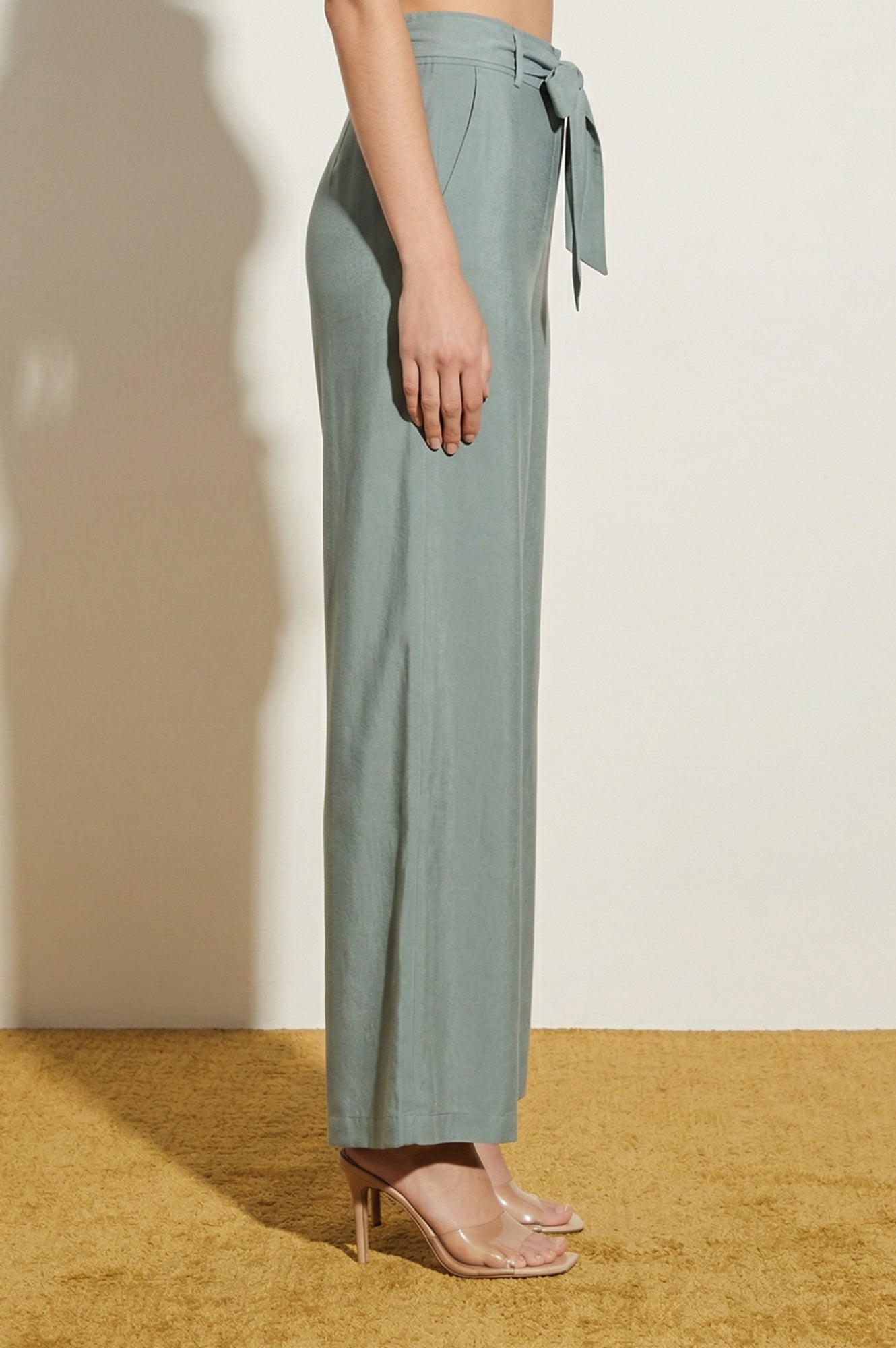 Slate Grey Yarn Dyed Solid Rayon Wide Leg High Rise Trousers