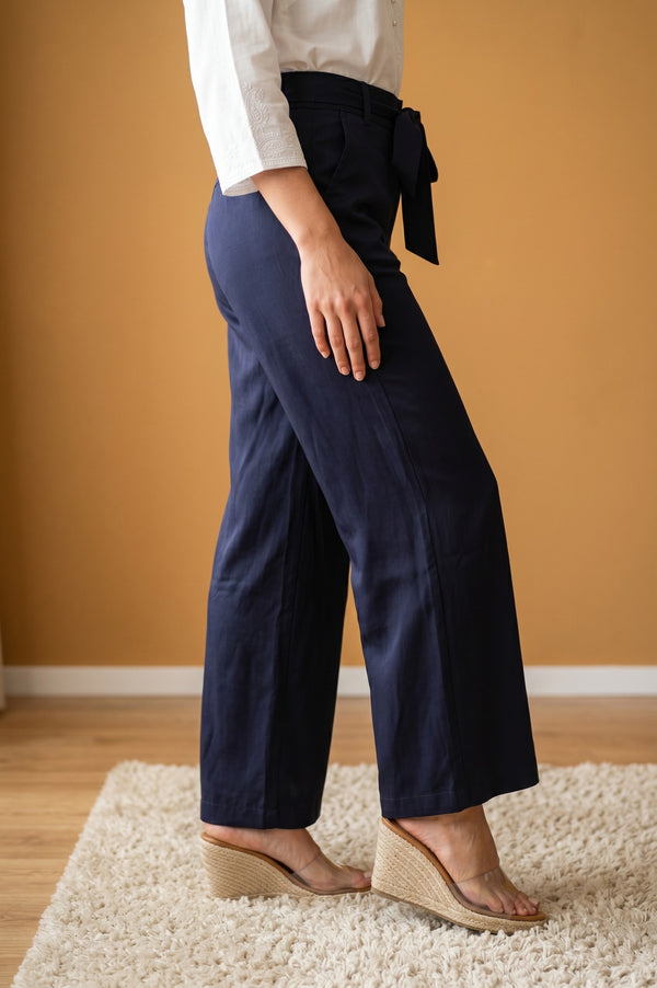 Navy Blue Yarn Dyed Satin Relaxed Fit Flared Trousers