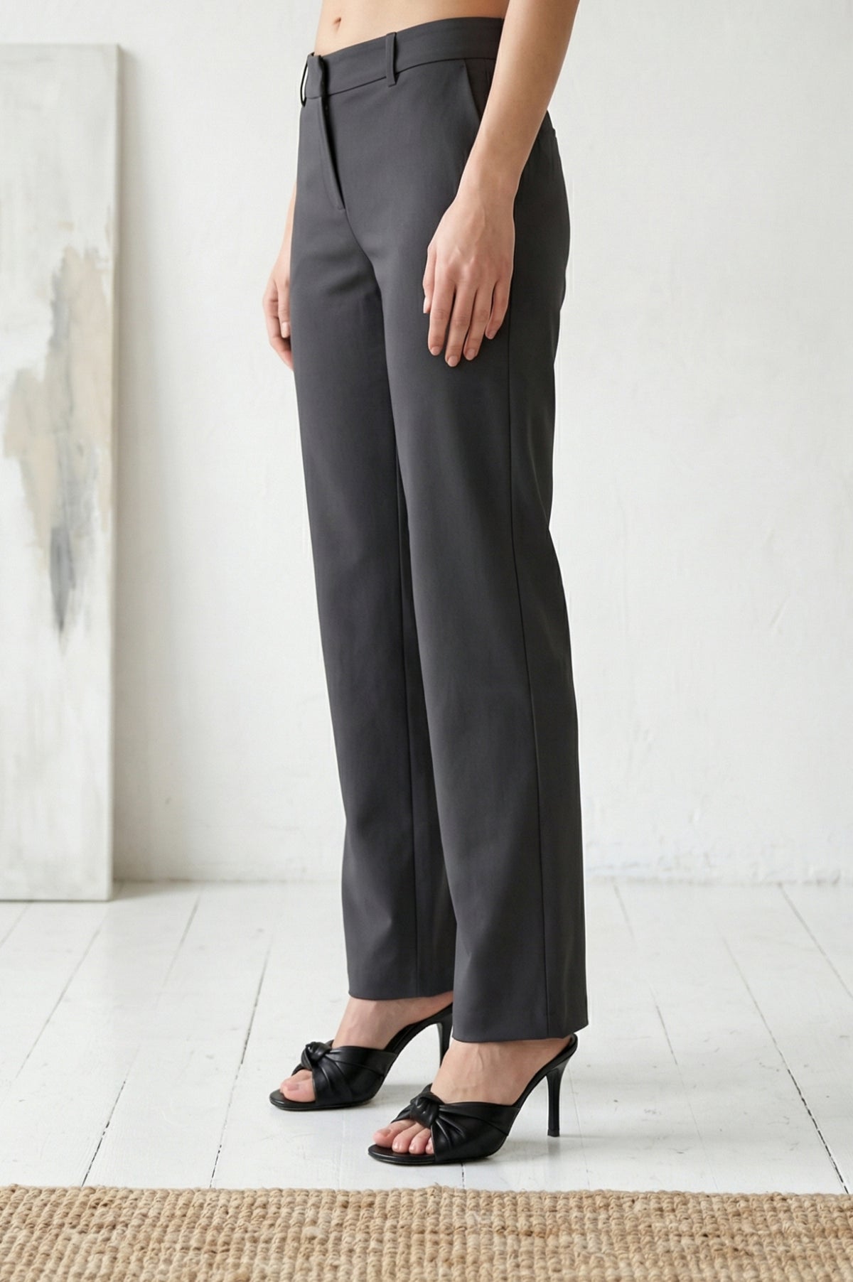 Charcoal Solid Straight Fit Ankle Length Trousers