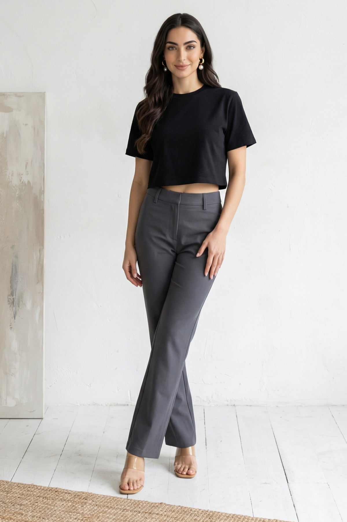 Charcoal Solid Straight Fit Ankle Length Trousers