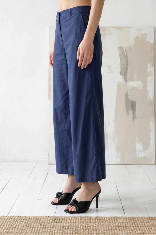 Navy Blue Solid Pure Cotton Wide Leg Trousers