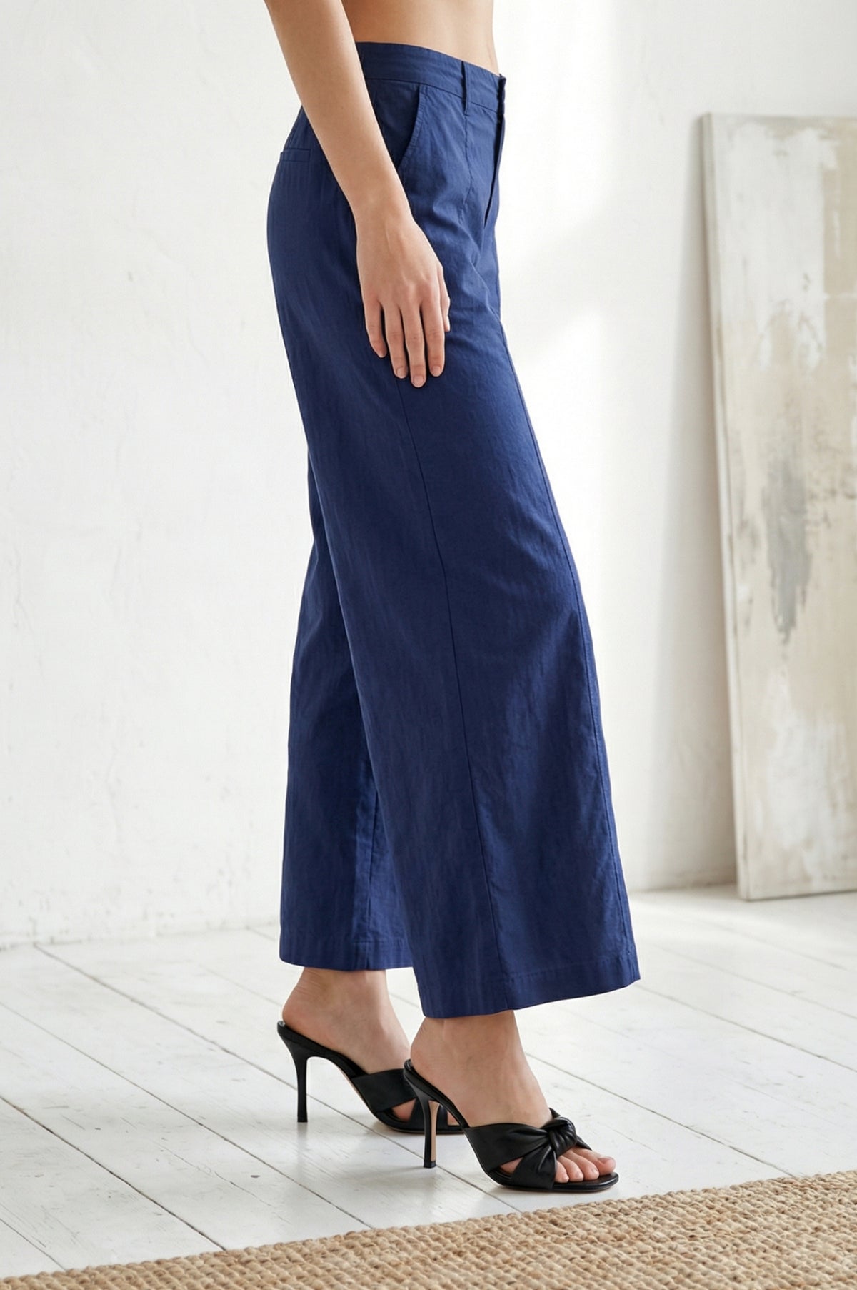 Navy Blue Solid Pure Cotton Wide Leg Trousers
